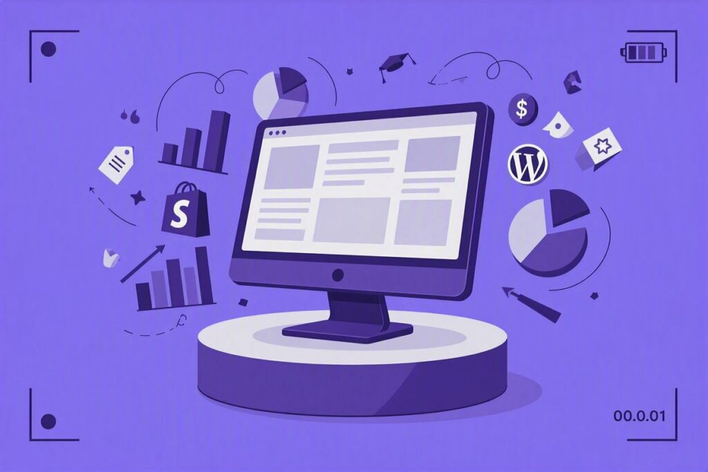 Digital illustration of a computer monitor on a platform surrounded by WordPress and Shopify icons, business analytics charts, dollar sign, and growth arrows, symbolizing e‑commerce, web development, and online marketing.