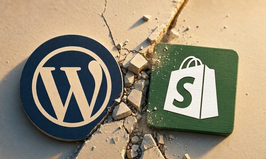 WordPress logo and Shopify logo side by side on a cracked surface, symbolizing competition and contrast between website creation and e‑commerce platforms